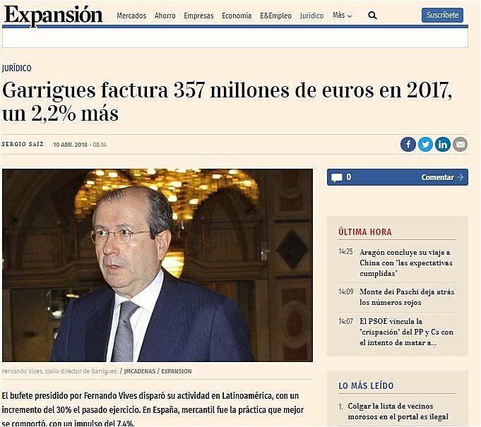 Garrigues factura 357 millones de euros en 2017, un 2,2% ms